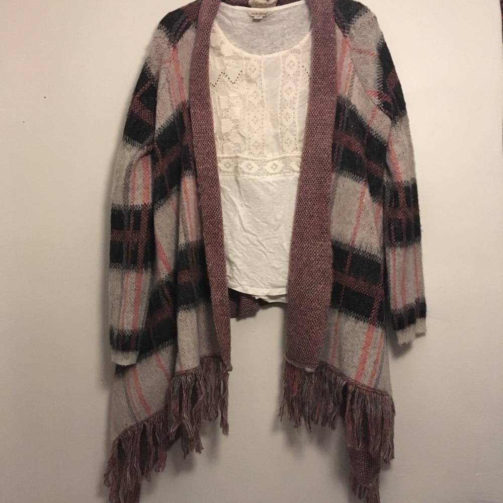 Lucky Brand Plaid Fringe Cardigan